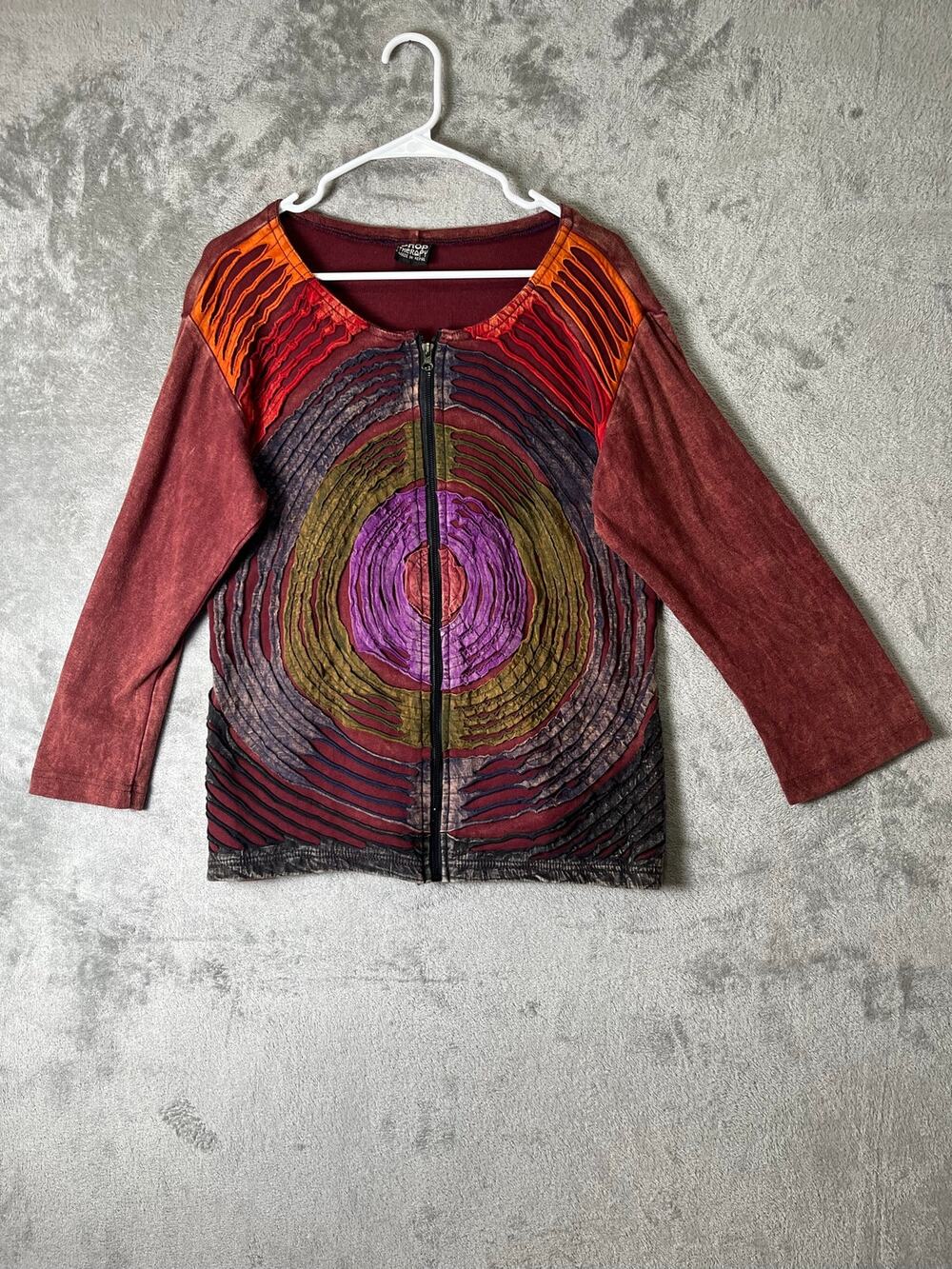 Boho Art to Wear Spiral Appliqué Zip Front Tunic Top Burgundy Long Sleeve XL